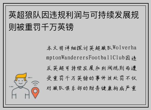 英超狼队因违规利润与可持续发展规则被重罚千万英镑